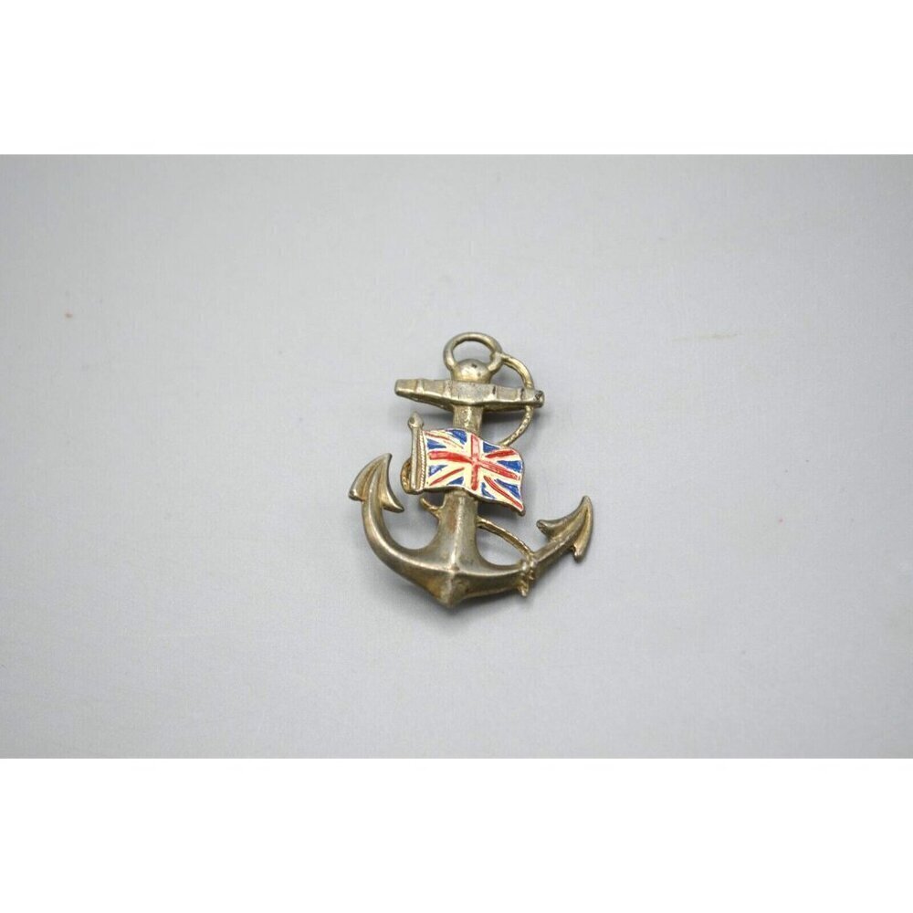 British Navy Brooch Anchor Union Jack Flag 1.5" Vtg Silver Blue Red White